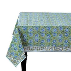 Mantel bohemio de algodón indio hecho a mano, mantel de comedor elegante con estampado floral de niebla verde - Product Image 1