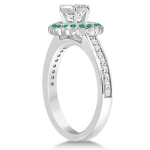 14k White Gold Fine <b>Jewelry</b> <b>Set</b> Floral Halo Diamond & Emerald <b>Bridal</b> Ring 0.83ct - Product Image 4