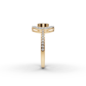 Anillo de compromiso o promesa con halo redondo de diamantes cultivados en laboratorio, zafiro rosa talla marquesa y patrón geométrico. - Product Image 3