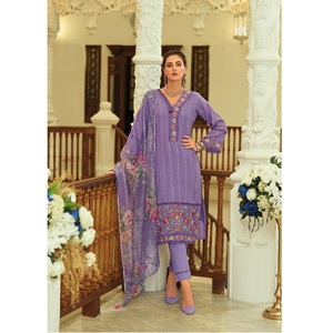 Ensemble Kurta de créateur en coton épais avec imprimé organza Dupatta Vêtements pakistanais indiens de haute qualité Salwar Kameez de qualité exportée - Product Image 1