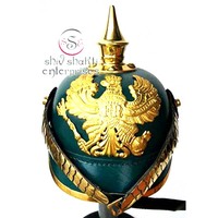 Casque à pointes allemand de style antique, Pickelhaube, en cuir fait main, métal laiton, réplique militaire, noir et or, décoration d'intérieur, objet de collection
