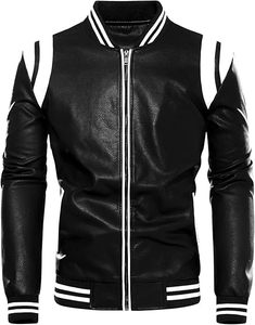 แจ็คเก็ตบอมเบอร์หนังมีซิปเต็มสำหรับผู้ชายเสื้อบล็อกสีแบบลำลอง - Product Image 5