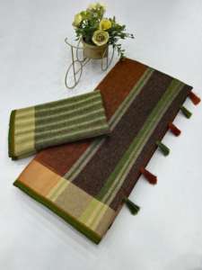 Sari de seda formal para mujer Sofisty con borde dorado, telar manual de lino blanco, estilo muy indio - Product Image 2