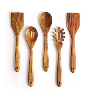 Service de vaisselle écologique en bois de teck naturel de 5 pièces ustensiles en bois d'acacia avec spatule cuillère à fente cuisine de cuisson - Product Image 6