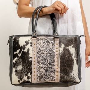 Handmade Large Cowhide Tote <b>Shoulder</b> Bag Genuine Leather with Tooling Patch and Matching <b>Straps</b> Portable Mid Hairon Design - Product Image 3
