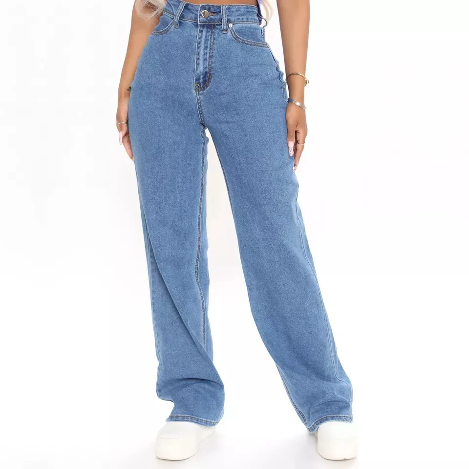 Kadın Denim pantolon özel Logo yüksek kalite % 100% pamuk yıkanmış düz gevşek uydurma geniş bacak yüksek bel artı boyutu kadın kot