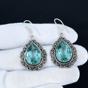 Pendientes de Piedra Preciosa Aguamarina Rara, Plata de Ley 925 Maciza, Chapados en Oro, Joyería Vintage Hecha a Mano, Regalos de Halloween y Navidad - Product Image 1