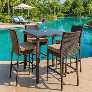 Ensemble de table de bar en rotin moderne pour l'extérieur, pour cour et hôtel, résistant aux intempéries, meubles de salle à manger en rotin, chaises de bar rembourrées - Product Image 3