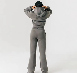 Conjunto Deportivo Gris para Mujer con Capucha, Pantalones Acampanados Largos, Color Sólido, Corte Holgado Informal, Cintura con Cordón Ajustable, Transpirable, de Poliéster - Product Image 2