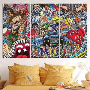Superbe œuvre d'art sur toile imprimée : ambiance musicale bohème graffiti, lot de 3 toiles - Product Image 1