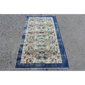 Alfombra Turca de 3.6x6.6 pies, Alfombra Decorativa Vintage, Alfombra Marroquí de Lana Azul Verde - Product Image 1