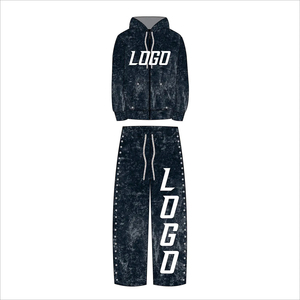 Men's Winter Sweatsuit Distressed & Stones <b>Jogger</b> Sun Faded Acid Wash Breathable Fabric Zip Up <b>Oversized</b> Tracksuit - Product Image 2