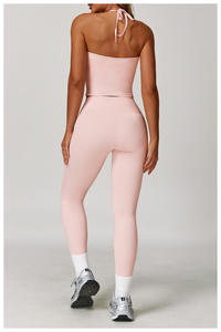 Conjunto de yoga sólido con logotipo personalizado para mujer, Top corto de yoga con cuello Halter y mallas de Yoga de cintura alta, conjunto deportivo de 2 uds. - Product Image 5