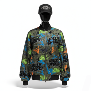 Chaqueta Bomber de moda para mujer 300GSM tela de poliéster con tachuelas de diamantes de imitación logotipo personalizado estampado multicolor chaquetas Bomber para mujer - Product Image 1