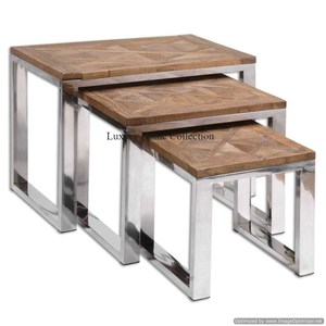 Juego de mesa lateral y anidada de acero inoxidable hecho con tubo grueso de 3 marcos de pulido de espejo de Color plateado y parte superior de forma cuadrada de madera - Product Image 1