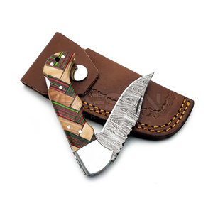Couteau pliant en acier Damas personnalisable en gros gaine en cuir manche en bois poche OEM bricolage usage extérieur vente à chaud - Product Image 3