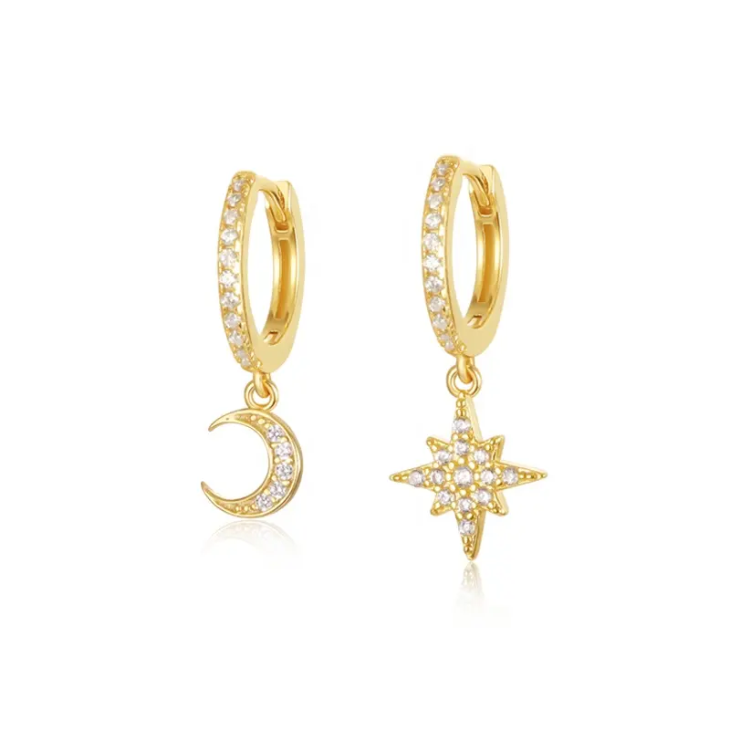 Europeo y americano Diamante tachonado zircon estrella y Luna pendientes estrella y Luna s925 pendientes de plata esterlina de las mujeres