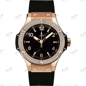 Bold Rose Gold Luxury Watch Moissanite Bisel, esfera negra y correa de goma para un aspecto llamativo con elegancia moderna - Product Image 1