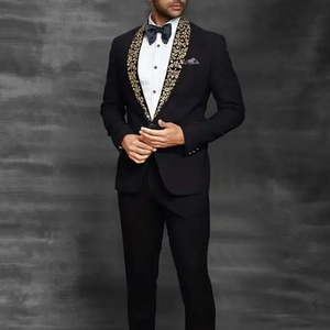 BEAUTIFUL & ELEGANT ZARI GPLD EMBROIDERY on BLACK BLAZER, SHIRT & <b>PANT</b> TUXEDOS SUIT for PARTY-WEAR/WEDDING @ 2023 - Product Image 1