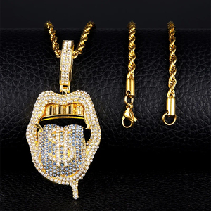 Hip Hop <b>Crystal</b> Iced Out Custom Pendant Tennis <b>Necklace</b> Chain Jewelry Sets Dollar Sign Tongue Men Pendant Gold Cuban Chain - Product Image 1