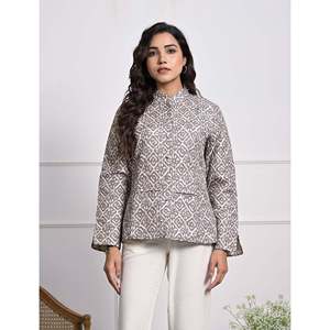 Silk Block Printed Reversible Winter Jacket with <b>Button</b> Decoration - Product Image 1