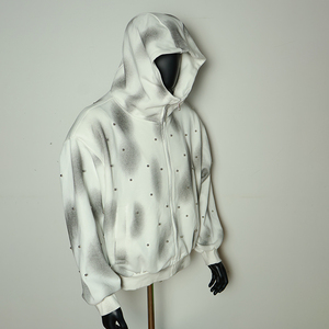 OEM Custom 100% Cotton Lined Fleece Full <b>Zip</b> Hoodie with Distress Acid Wash and Rhinestones - Product Image 4