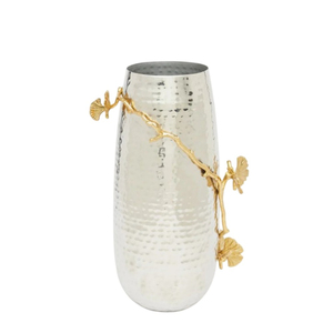Vase à fleurs moderne et élégant en métal martelé avec finition argentée et ornements floraux dorés pour table de salon - Product Image 3