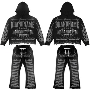 Survêtements pour hommes vintage personnalisés, lourds, amples, à motifs graphiques, lavés à l'acide, 100% coton, avec des sweats à capuche et des pantalons de survêtement délavés avec des strass - Product Image 3