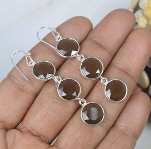Smoky <b>Quartz</b> Gemstone <b>Earrings</b> 925 Handmade Simple Solid Sterling Silver Dangle Design for Women Best Fashion Jewellery - Product Image 2