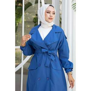 Automne hiver Indigo Trench Coat avec ceinture amovible Double boutonnage fermeture bouton décoration poids personnalisé Faux cuir coquille - Product Image 2