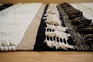 Handwoven Striped Cotton <b>Rug</b> Brown Black Blend Shaggy Pile with Fringe Boho Style for Natural and <b>Rustic</b> Home Decor - Product Image 5