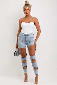 Pantalones de mezclilla con cierre de botón y volantes de moda con estilo de calidad superior para mujer Pantalones de mezclilla ajustados con diamantes de imitación personalizados - Product Image 4