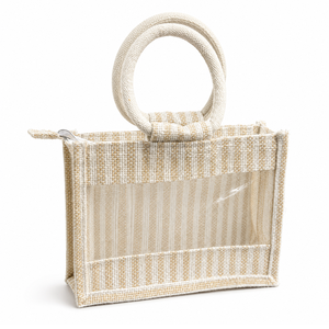Sac cadeau Oxford en coton Juco avec fenêtre transparente 10 x 8,5 x 3 pouces, beige blanc, tissé, fermeture éclair, poignée ronde, panier réutilisable pour emballage - Product Image 1