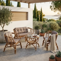 Ensemble de meubles de jardin d'extérieur de luxe en rotin poli naturel, canapé, fauteuils, table basse en verre, pour patio, salon, hôtel