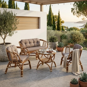 Natural Polished <b>Rattan</b> Outdoor Garden Furniture Set <b>Sofa</b> Armchairs Glass Coffee Table Patio Setup Room Decor Art Pure Design - Product Image 2