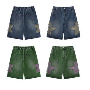 Short en jean vintage Applique étoile jean droit tissé respirant Lavé léger en détresse Broderie Patch imprimé Shorts pour hommes - Product Image 1