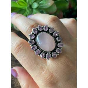 Southwest Handmade Rose Quartz & Tourmaline Sterling <b>Silver</b> Cluster <b>Ring</b> <b>Adjustable</b> Size 8.5 Gift Ready - Product Image 2