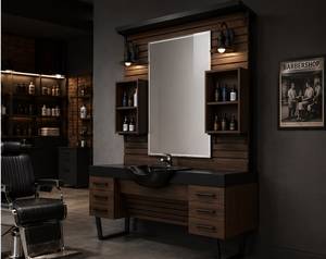 Luxury Modern <b>Walnut</b> Barber Station Double Mirror Storage <b>Cabinet</b> Black Sink Professional Salon Styling Unit Custom Furniture - Product Image 3