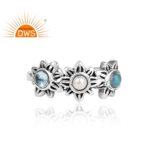 Best Selling <b>Oxidized</b> Sterling Silver Natural Pearl, Ethiopian Opal And Blue Topaz Gemstone Statement Ring Jewelry For Women - Product Image 3