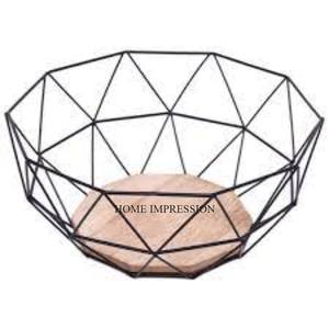 Latest Pattern Arrival Wooden Made Base With Black Color Powder Coated Metal Wire Made Fruits & <b>Bread</b> <b>Basket</b> Kitchenware Supply - Product Image 5