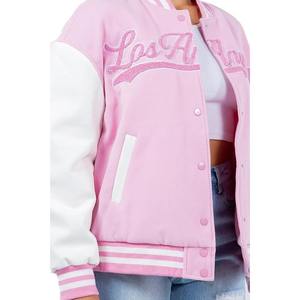 Pink White Varsity <b>Jacket</b> With Los Angeles <b>Glitter</b> Print Front Chain Embroidery Adult Unisex Sportswear - Product Image 6