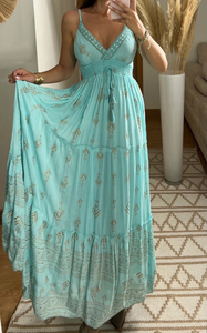 Robe longue bleu aqua bohème sans manches col en V brodé robe longue avec ceinture pour les femmes tenue de vacances élégante bohème - Product Image 2