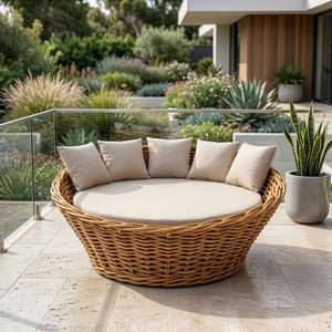 Natural Chunky Rattan Round Outdoor <b>Daybed</b> Cream Round <b>Mattress</b> Pillow Accent Patio Sunbed Setup Decor Pure Art Room Design - Product Image 5