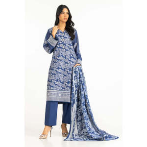 ชุดสูทผ้าสวิสวอยล์พิมพ์ลายเคลือบเงาสีน้ำเงินสำหรับผู้หญิง 3 ชิ้น พร้อมตกแต่งกระดุม - Product Image 4