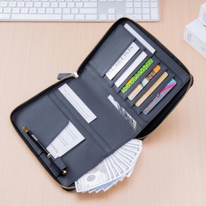 Cao cấp da trống dây kéo A5 máy tính xách tay <span class=keywords><strong>Folio</strong></span> cuốn sách bìa đen B6 kế hoạch Bìa cá nhân Organizer Trường hợp với nhiều túi - Product Image 3