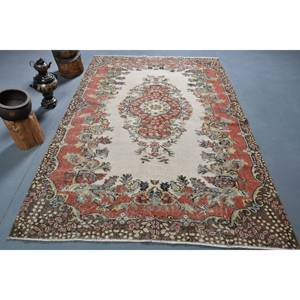 Tapis turc beige et rouge vintage 5.5x8.5 pieds en laine de 10mm d'épaisseur avec support en latex Style Tabriz nouveau pour salon ou couloir - Product Image 1
