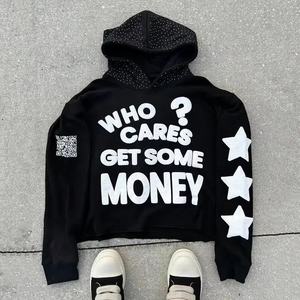 Sudadera con capucha de lana cuadrada recortada para hombre con estampado de pantalones de chándal en 3D en relieve y diseño desgastado de diamantes de imitación - Product Image 2
