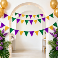 Guirlande de fanions triangulaires Mardi Gras 12 pièces, drapeaux violet, vert et or pour la décoration de fête du carnaval brésilien