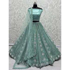 Beautiful Sea <b>Green</b> Sequins Net Reception Wear Lehenga Choli for Wedding Apparel - Product Image 2