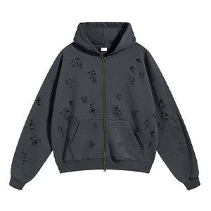 2025 Spring & Autumn New Washed Destroyed Double Zip-Up <b>Hoodie</b> Casual, Trendy, Oversized Mens Ripped <b>Hoodie</b> - Product Image 5